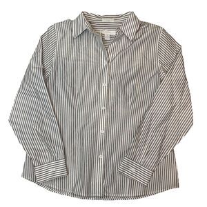 Chicos 1 Button Front Top Size 8 Medium Long Sleeve White Gold Stripe Cotton